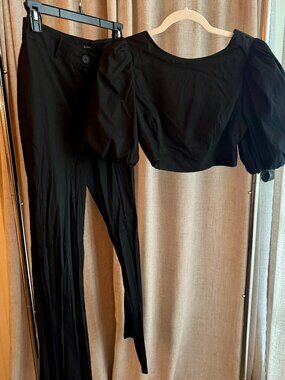 Forever 21 Black Puff Sleeve Crop Top & High Waist Pants Set – Size Small